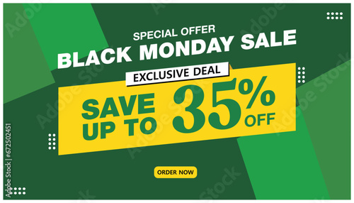 Sale banner template design, Big sale special offer up to 35% off. vector illustration. Green promotion banner. Black Monday Sale