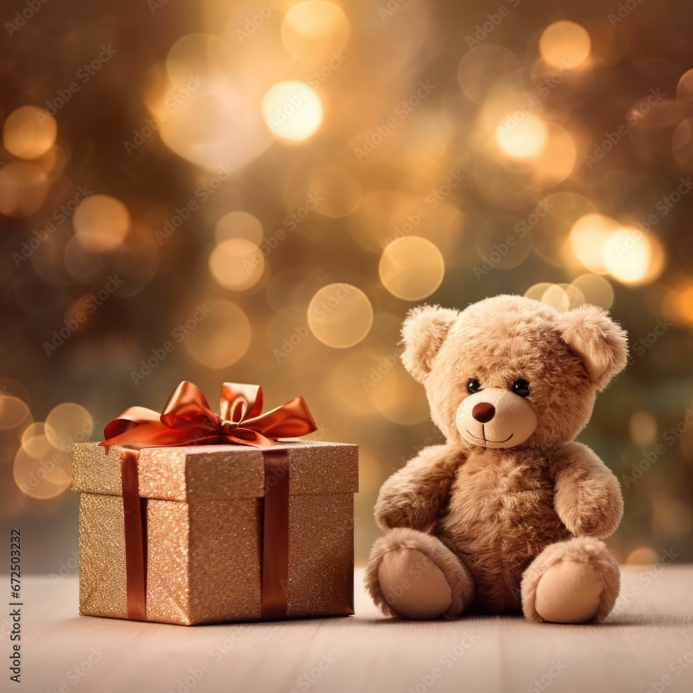 AI generated illustration of a brown teddy bear and gift sitting on a wooden table AI generated illustration of a brown teddy bear and gift sitting on a wooden table