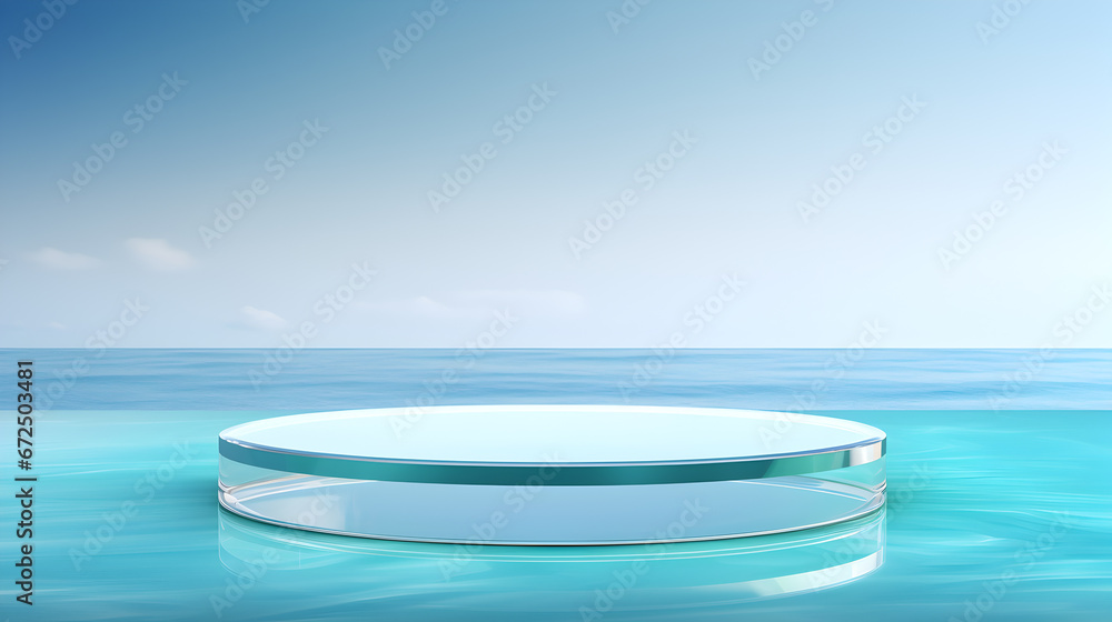  circle transparent glass podium in beach and blue sky for product presentation and green wall, 3d podium
