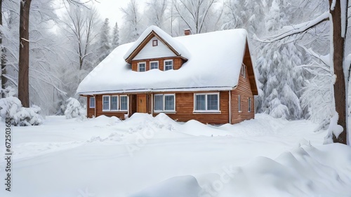 雪の重みでで倒壊しそうな家、大雪、屋根の上の雪｜Houses about to collapse under the weight of snow, heavy snowfall, snow on roofs. Generative AI 