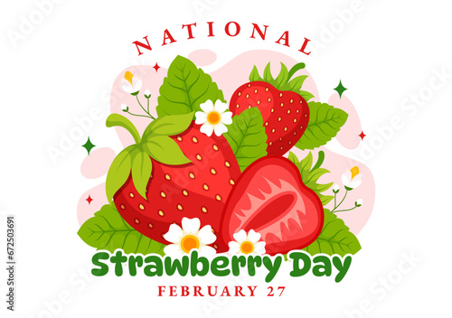 National Strawberry Day Vector Illustration on February 27 to Celebrate the Sweet Little Red Fruit in Flat Cartoon Background Design