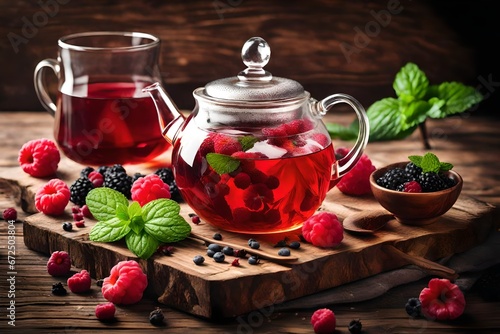 A glass teapot and cup of herbal tea with berries, raspberries, mint, and hibiscus blossoms are displayed on a wooden table. Cold vitamin drink medicine with a rustic design