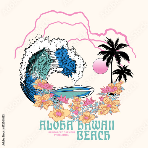 aloha Hawaii beach vibes for graphic T-shirt print design, Modern art. Summer retro graphic print design. Beach vibes with board print design. Hand sketch beach vector design. Palm tree artwork.