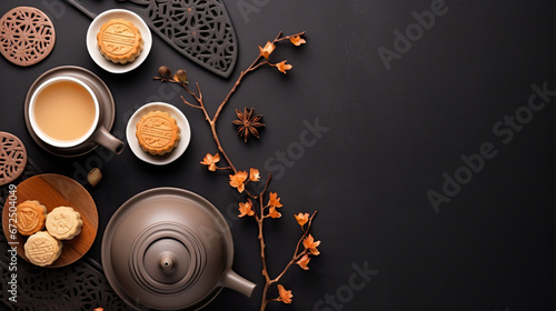 Mid-autumn festival mooncake minimalist style tea party table. Flat lay photo