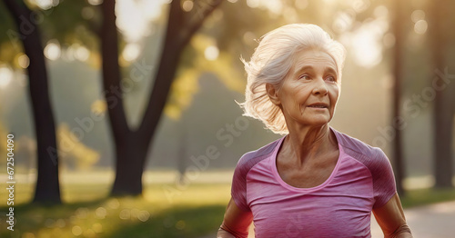 Portrait of a mature woman running in a park a natural environment. The lady goes in for sports in the park. theme of sports, fitness, healthy lifestyle.