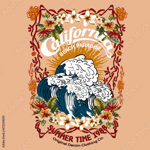 tropical flowers and big waves is one frame T-shirt design, in vector graphic tee, Summer good vibes artwork for apparel. palm long beach illustration vector. Summer flower print. Los angels. Big wave