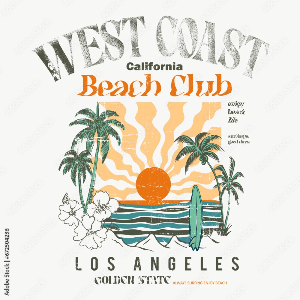 West Coast California beach club loss angels golden state text typography with summer beach vintage prints, Summer wave surf illustration with palm trees for t shirt, sweatshirt and other uses - obrazy, fototapety, plakaty 