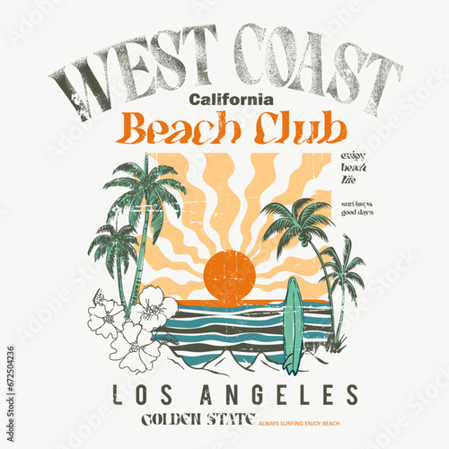 West Coast California beach club loss angels golden state text typography with summer beach vintage prints, Summer wave surf illustration with palm trees for t shirt, sweatshirt and other uses