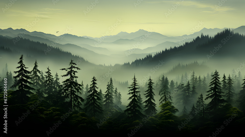 Fototapeta premium a forest with mountains and trees in the background.a lush forest with towering mountains in the background. Suitable for nature-themed designs, travel brochures, and outdoor-related advertisements.