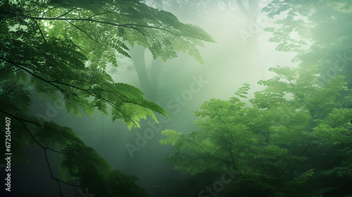 sunlight shining through the trees in a forest with green leaves.This nature-themed asset is perfect for designs related to outdoors, environment, tranquility, and natural beauty. © Planetz