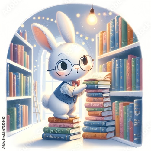 Whimsical Rabbit Learns in Magical Library: Illustrated Children's Scene with Colorful Books and Fairy Lights.
