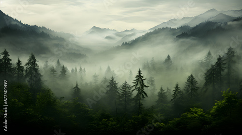 a forest with mountains and trees in the background.a lush forest with towering mountains in the background. Suitable for nature-themed designs, travel brochures, and outdoor-related advertisements. © Planetz