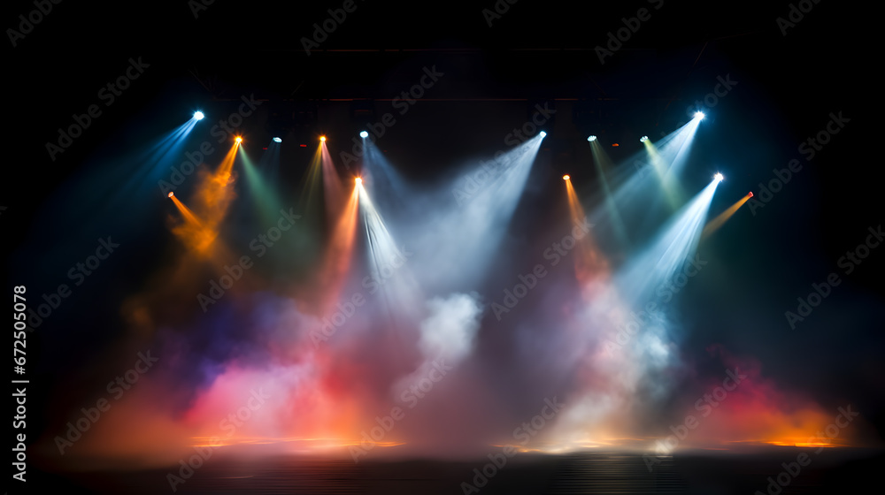 Free stage with lights, Stage light with colored spotlights and smoke. Concert and theatre dark scene