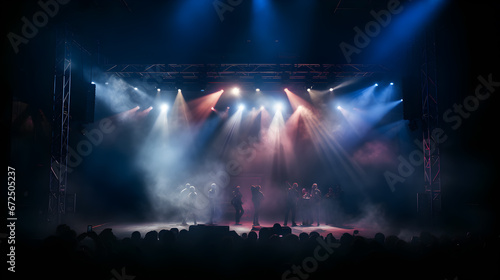 Free stage with lights, Stage light with colored spotlights and smoke. Concert and theatre dark scene photo