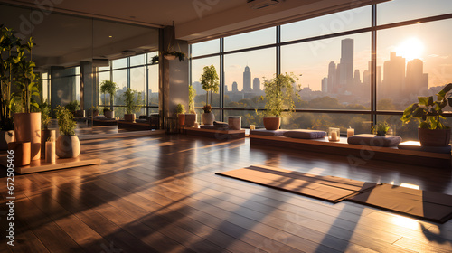Gym white interior with black yoga mat at sunrise, big windows, no people. Copy space