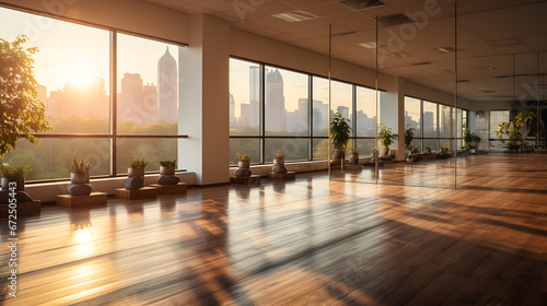 Gym white interior with black yoga mat at sunrise, big windows, no people. Copy space