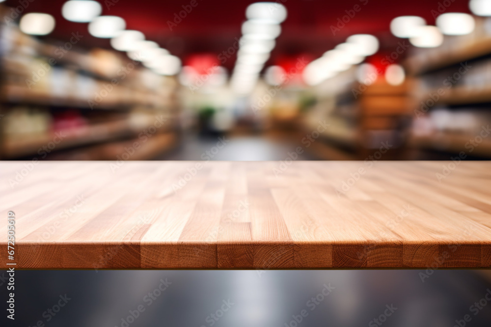 Top of surface wooden table with blurred grocery store  background.