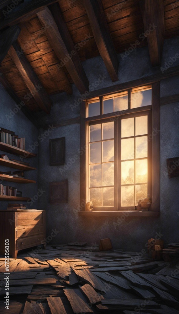 AI generated illustration of An old wooden attic window with a view of the sunrise