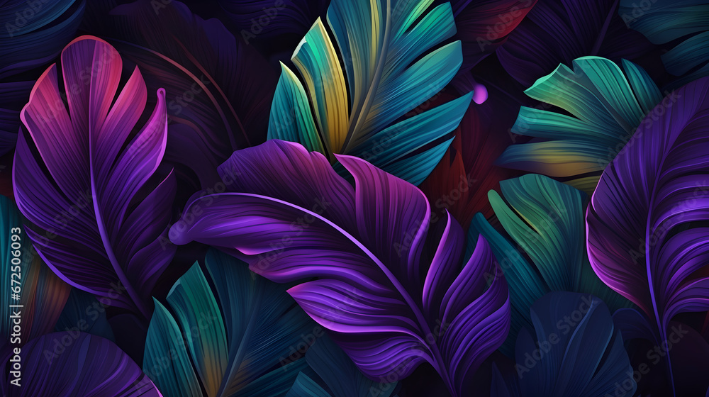 Tropical exotic seamless pattern with neon light color banana leaves, palm on night dark background, neon leaves