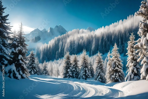 Beautiful holiday scene. Under the snow, fir trees. lovely mountains in the winter