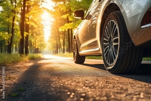 Summer tires on the asphalt road in the sun time for summer tires. Generative AI. photo