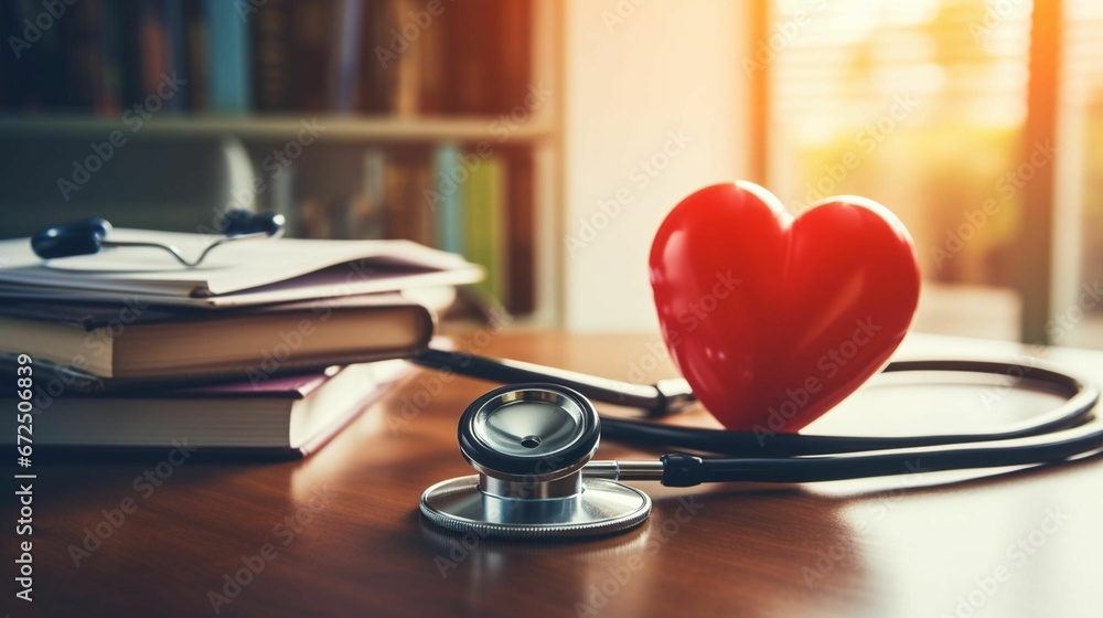 AI generated illustration of a stethoscope near a red heart-shaped figure AI generated illustration of a stethoscope near a red heart-shaped figure