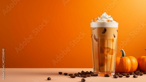 Ai generated illustration of a pumpkin beverage in a glass cup with mini pumpkins scattered around