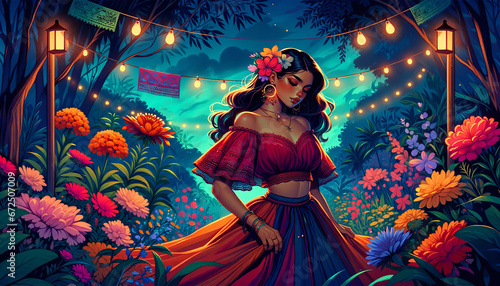 Illustration in landscape ratio 9:16 of a Latin girl. She is pictured in an enchanting garden, filled with native Latin American flowers.
