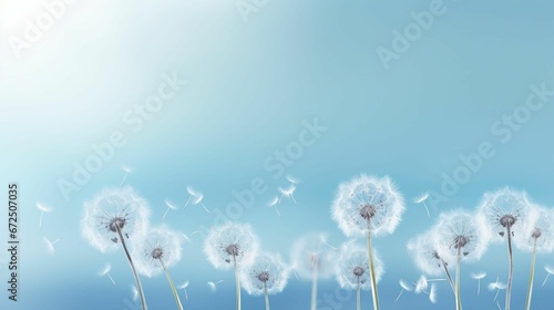 AI generated illustration of a row of dandelions blowing in the wind on a bright blue background