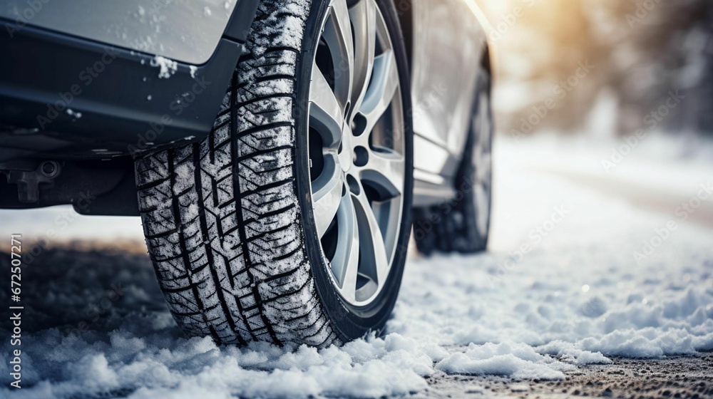 AI generated illustration of the tire treads of a black car in a winter ...