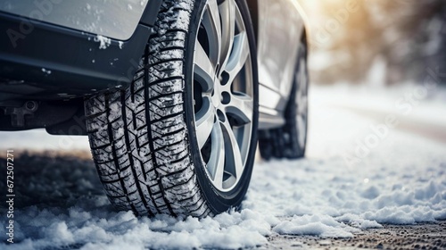 AI generated illustration of the tire treads of a black car in a winter setting photo