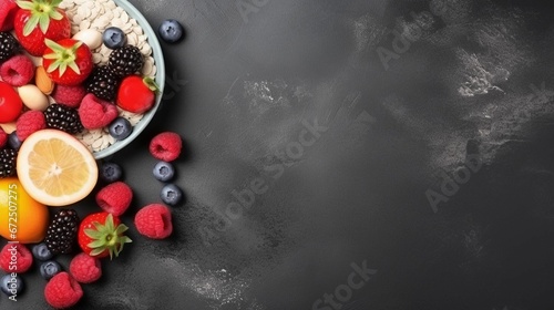 AI generated illustration of a bowl of oatmeal topped with juicy fresh berries on a gray background