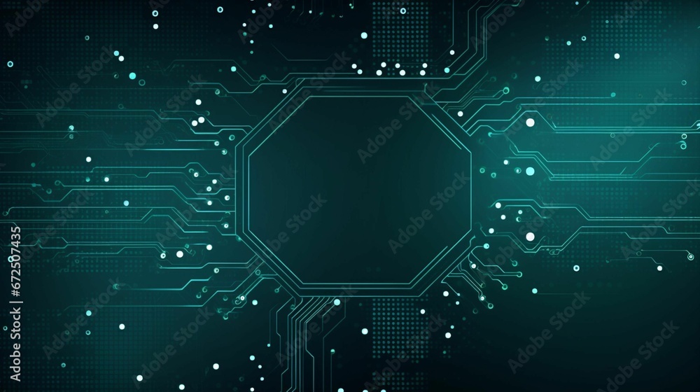 AI generated illustration of a computer circuit board featuring a bright green pattern of dots