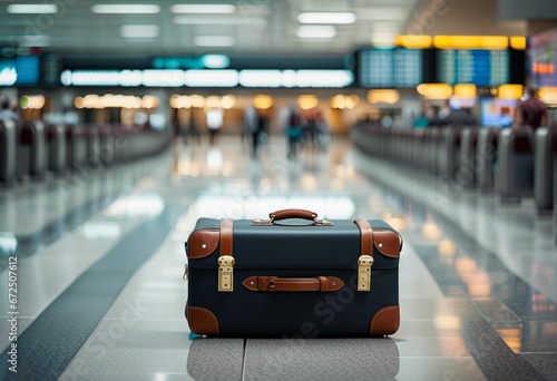 a suitcase on the floor in an airport terminal hall as people walk by