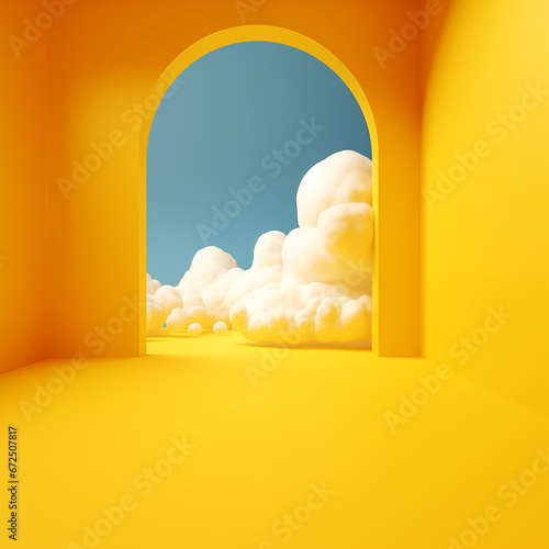 Abstract minimal yellow background with white clouds