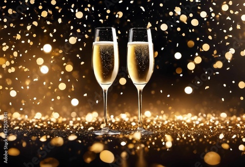 two champagne glasses with bubbles in them on a sparkling background