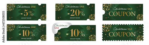 クリスマスセールに使える金のオーナメントと緑のクーポンベクターデザインセット2
