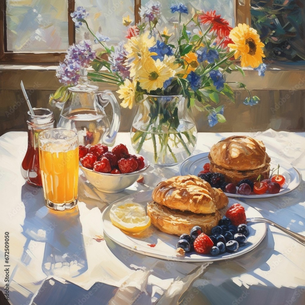 Table adorned with a beautiful vase of fresh flowers and a delicious breakfast, AI-generated. Table adorned with a beautiful vase of fresh flowers and a delicious breakfast, AI-generated.