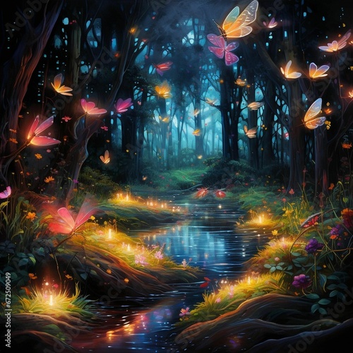AI generated illustration of a stream surrounded by lush foliage and glowing fireflies