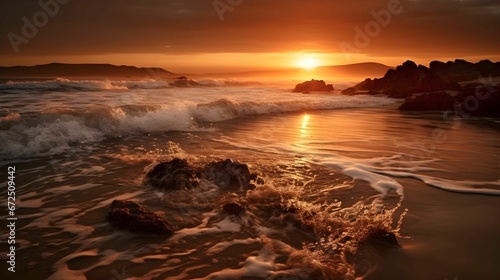 AI generated illustration of a stunning sunset with large waves crashing against the shore