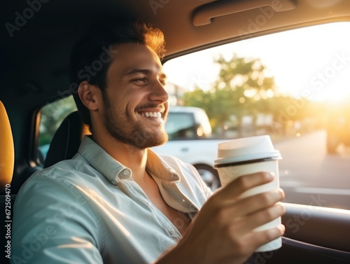 young man drinking coffee while driving his car in the afternoon, portrait of smiling business man