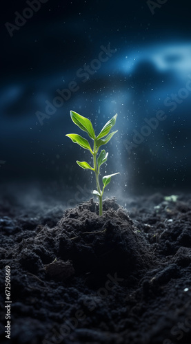 a young plant grows in ground, with a light shining on the ground