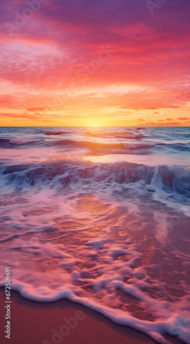 red sky at sunset with a beach with waves