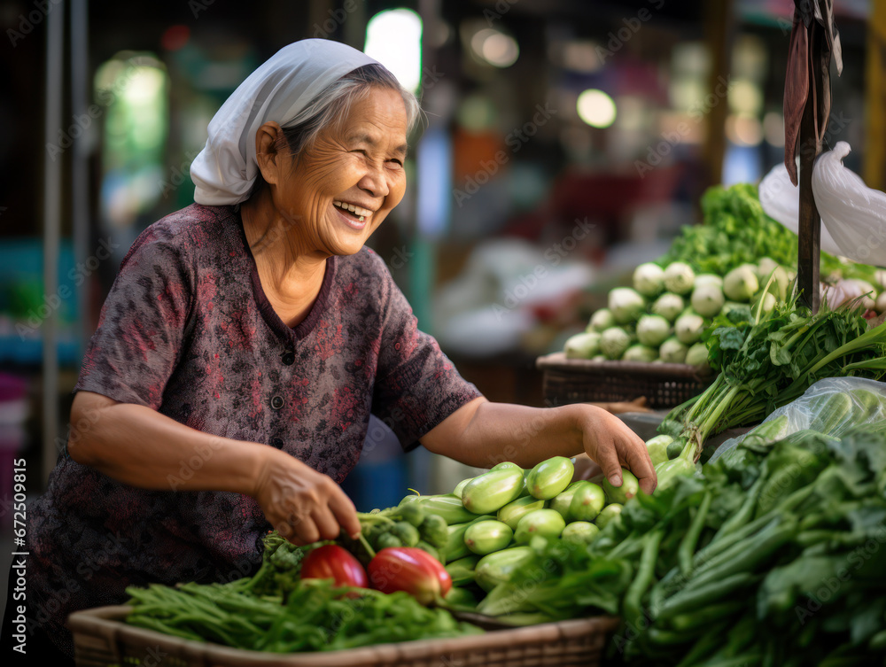 portrait of an old woman choosing vegetables to consume to keep her body healthy