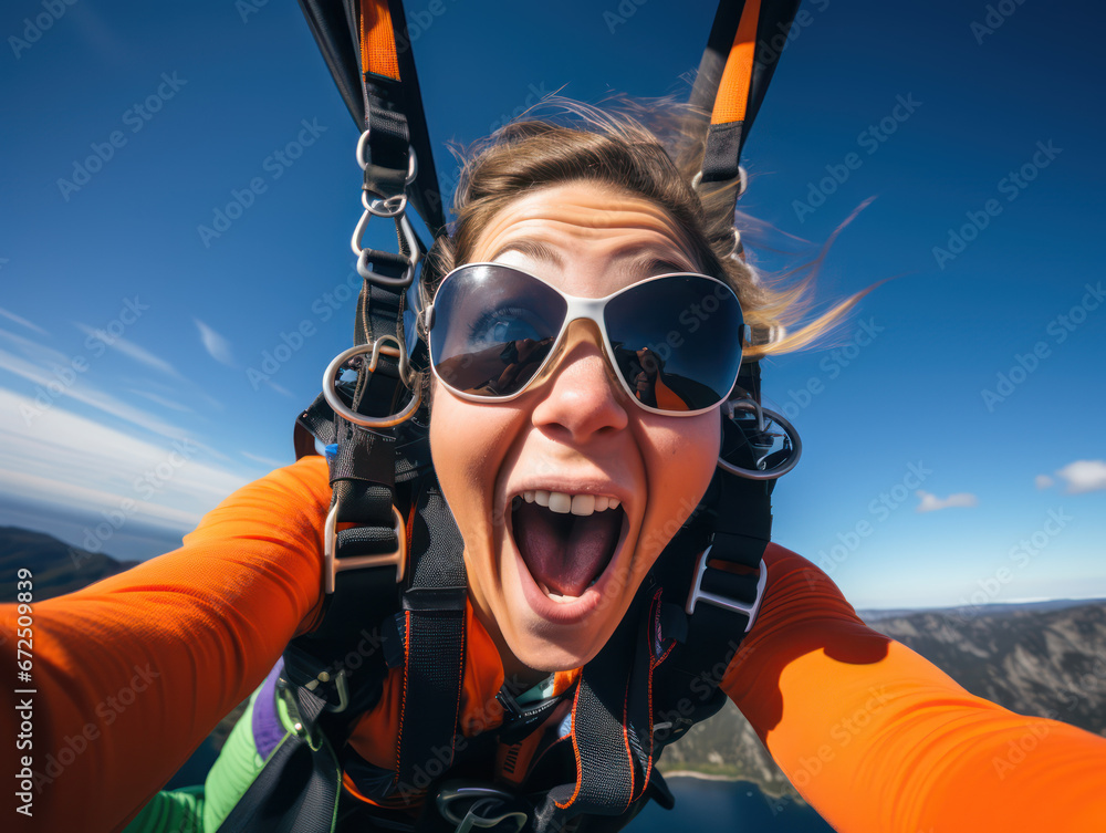 The happy expression of a woman taking a selfie while extreme skydiving The happy expression of a woman taking a selfie while extreme skydiving