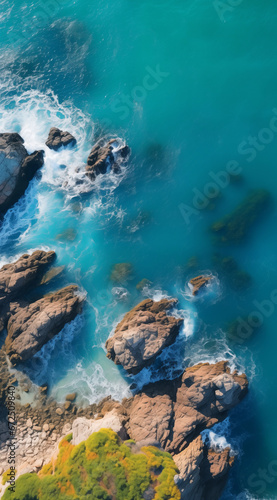 rocky cliffs near the ocean with blue waves on the water