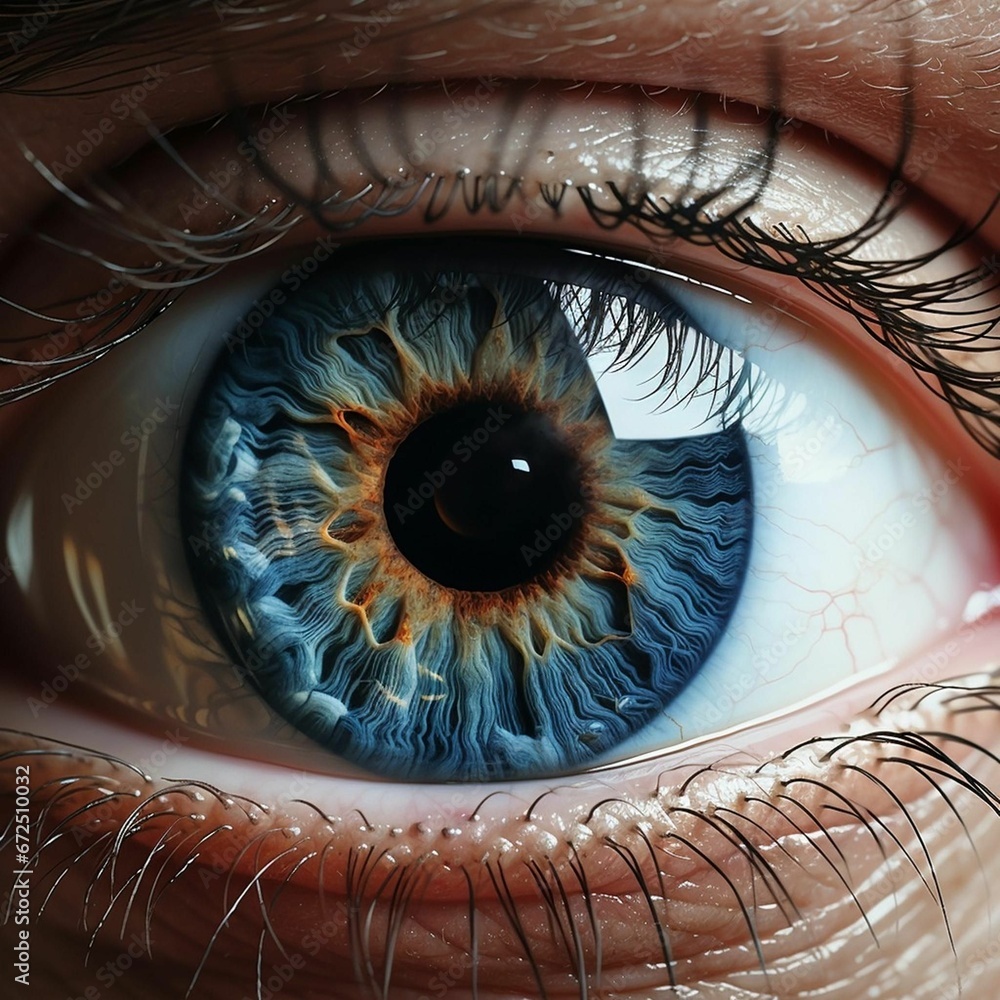 AI generated illustration of a close-up of a blue human eye focused on the iris and pupil