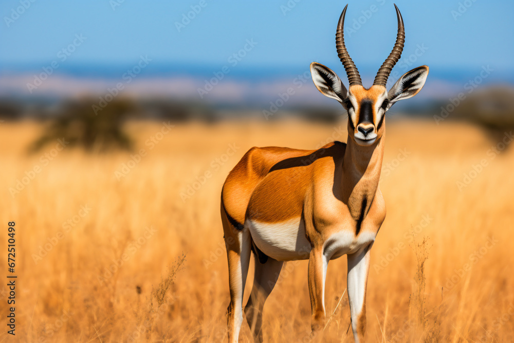 a gazelle standing in a field of tall grass
 - obrazy, fototapety, plakaty 
