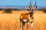 a gazelle standing in a field of tall grass
