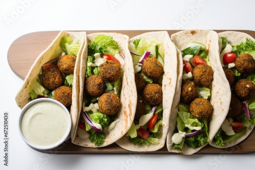 Photo of a tray of Lebanese falafel wraps with tahini sauce on a clean white countertop. Generative AI